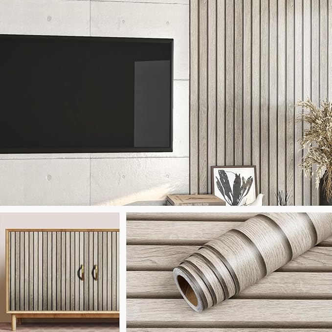 Livelynine 15.8x197 Wood Panel Wallpaper Peel and Stick Wood Panels for Walls Furniture Self Adhesive Contact Paper Roll Faux Wood Slat Wall Panel White Wall Panels Removable 3D Slat Wall Paneling