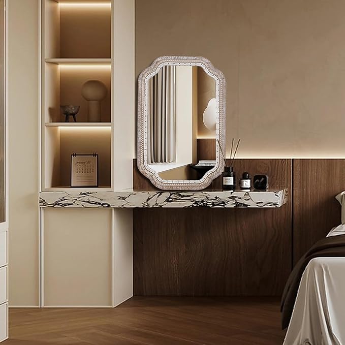 36x24 Wooden Scalloped Decorative Wall Mirror with Beaded Frame, Rustic Farmhouse Entryway Mirrors for Bathroom Vanity, Foyer, Hallway, or Over Sink (Horizontal/Vertical)