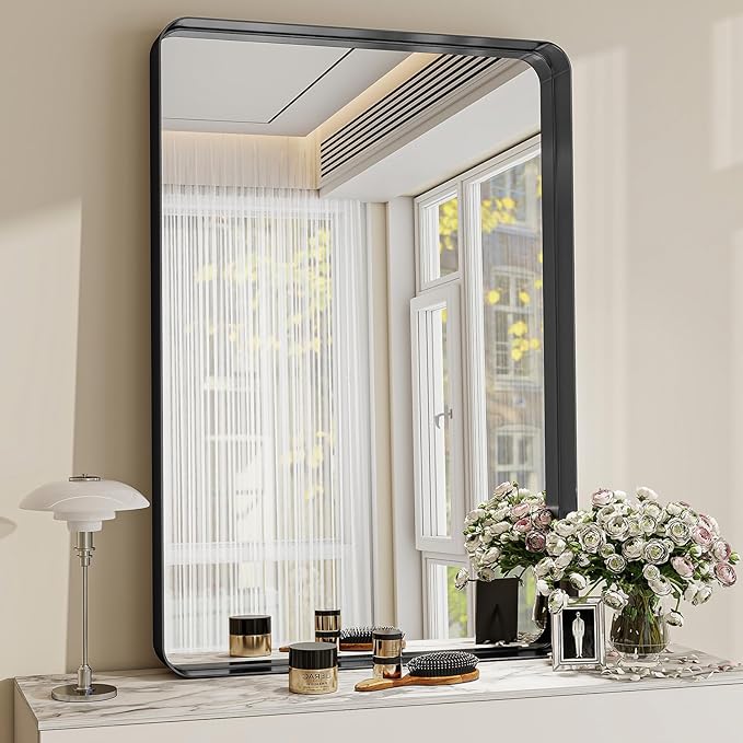 Bathroom Mirror Vanity for Over Sink Wall Mirror - 24x32 Inch Rounded Corner Rectangle Aluminum Frame Mirror,Hangs Horizontally or Vertically for Living Room Bedroom or Entryway Black
