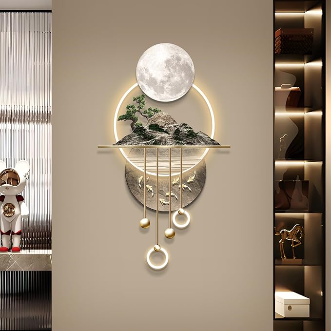 3D Art Wall Decor with Light, Decor Wall Sculptures Large 3D Art, Modern Home Decor Landscape Wall Sculpture, Plug-in Power Supply, Gold B, 23x49IN