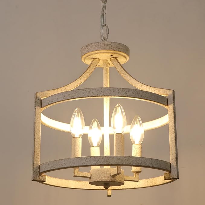 4-Light Farmhouse Chandelier, Distressed Hanging Pendant Lighting, Convertible Semi Flush Mount Ceiling Light Fixture Vintage White Metal Chandeliers for Dining Room Kitchen Foyer Entryway