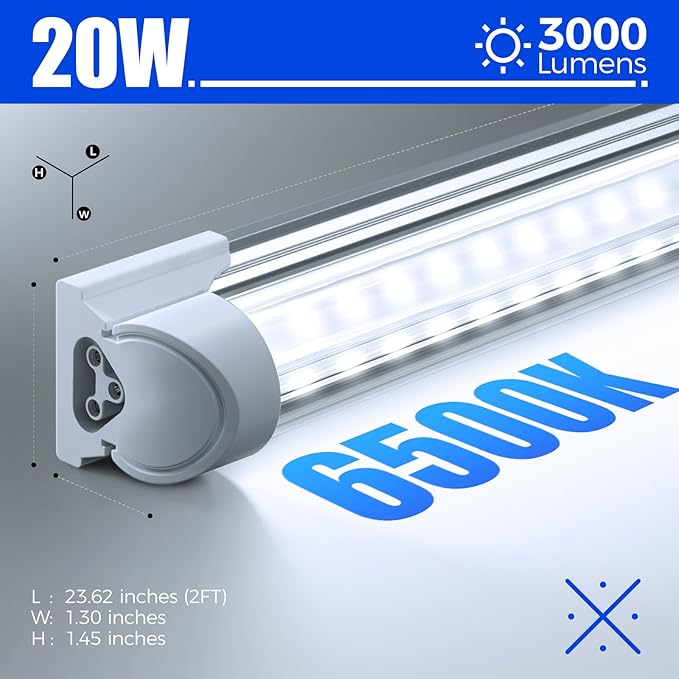 Barrina 6500K 2FT LED Shop Light, 3000LM, 20W, T8 Shop Lights for Garage, Workbench, Cabinet, Workshop, Room, LED Tube Light, Linkable Ceiling Lights Fixture with Built-in ON/Off Switch, ETL, 4 Packs