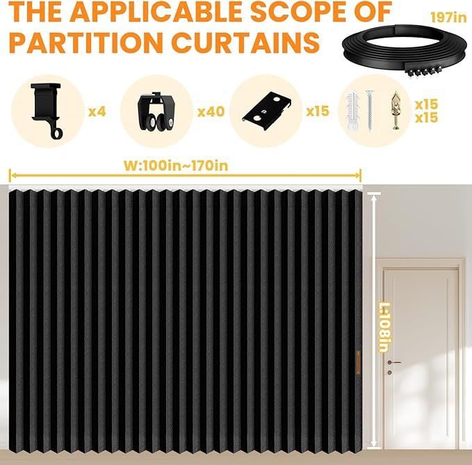 100% Blackout Room Divider Curtains - with Flexible Ceiling Curtain Track, Noise Reduce Barrier for Portable Curtain for Sliding Glass Door/Space Room Divider (Black, W180 x L108, 1 Pack)
