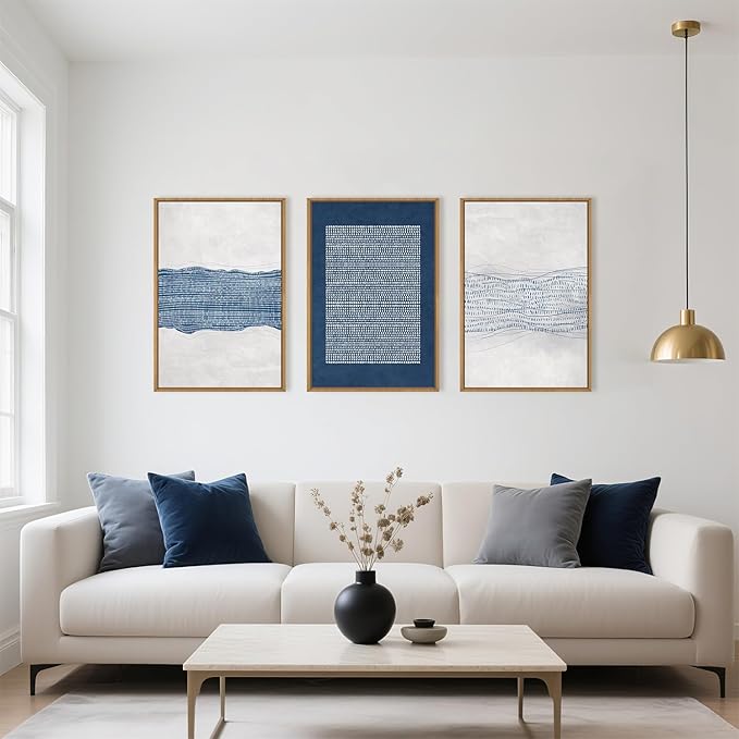 Large Abstract Navy Blue and White Framed Canvas Wall Art,Minimalist Boho Waves Lines Wall Decor,Modern Mid Century Artwork,Neutral Geometric Art Print for Living Room,Bedroom,Office- 16"x24"x3
