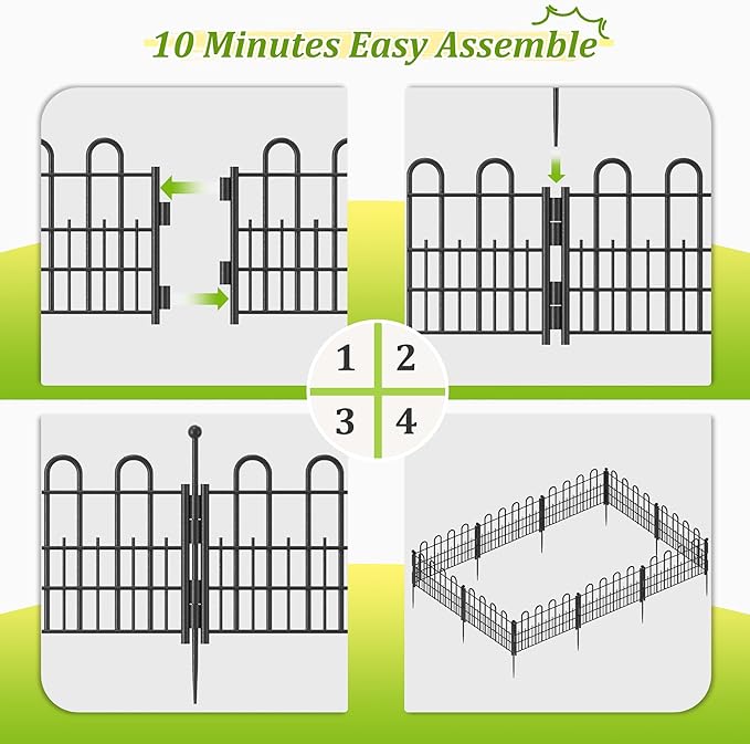 Bepatio Decorative Garden Fence Animal Barrier with Gate, 11.8in (H) x 16ft (L) 10 Panels Dog Fence Outdoor for Yard, Heavy Duty Metal Fence Border, Flower Bed, Easy Setup, Black