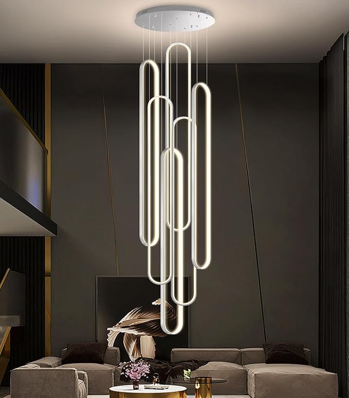 Modern Large Chandelier for Foyer 6 Rings LED Dimmable Silver Chandeliers High Ceiling Chandelier for Staircase Living Room Villa Sliver