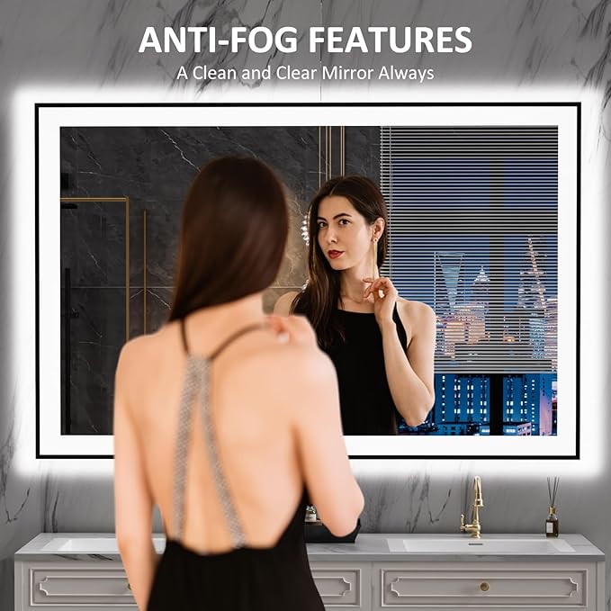 LOAAO 55"X36" LED Bathroom Mirror Black Framed, Anti-Fog, Dimmable, Lighted Bathroom Vanity Mirror for Wall, Memory Function, Tempered Glass