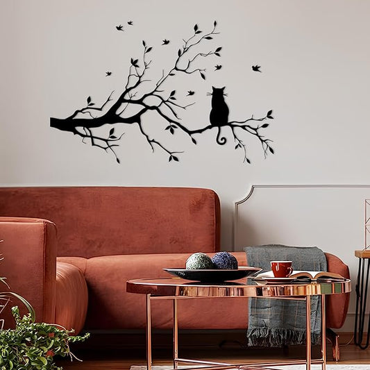 Cat on Tree Branches Metal Wall Decor - Silhouette Trees Birds Metal Wall Art, Tree of Life Silhouette, Birds on Branch Iron Sign for Living Room, Bedroom (Black, 30x19in|76x49cm)