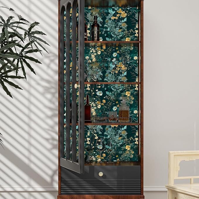 Blue Floral Peel and Stick Wallpaper Boho Leaf Contact Paper Dark Watercolor Removable Self Adhesive Waterproof Wall Paper for Cabinet Drawers Wall Decor Renter Friendly 17.5''x393''