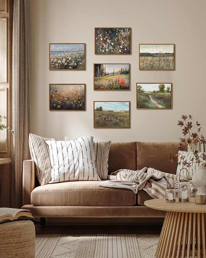 KISSFOX Vintage Framed Wall Art Farmhouse Dreamy Wildflower Field Canvas Art Colorful Daisy Floral Paintings Artwork Natural Rustic Art Prints For Bedroom Bathroom Living Room