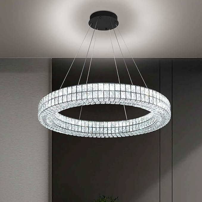 Modern Large LED Ring Chandelier Dimmable Crystal Chandeliers for Dining Room Living Room Entryway Staircase(2700K-6000k, Black 40 inch)