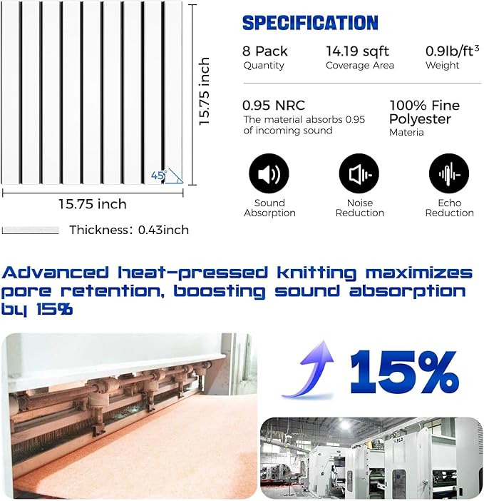 8 Pack Large Innovation Double Deck Soundproof Wall Panels, 15.7 x 15.7 x 0.4 in Sound Proof Foam Panels for Walls, 0.9lb/ft³ High Density,Cork Boards Alternative Black&White