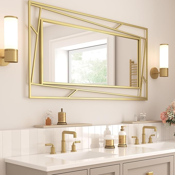 Brushed Gold Vanity Mirror for Bathroom 45" x 30" Brushed Brass Rectangle Beveled Framed Bathroom Wall Mirror for Over Sink, Tempered Glass, Modern Farmhouse Bedroom, Entryway, Living Room