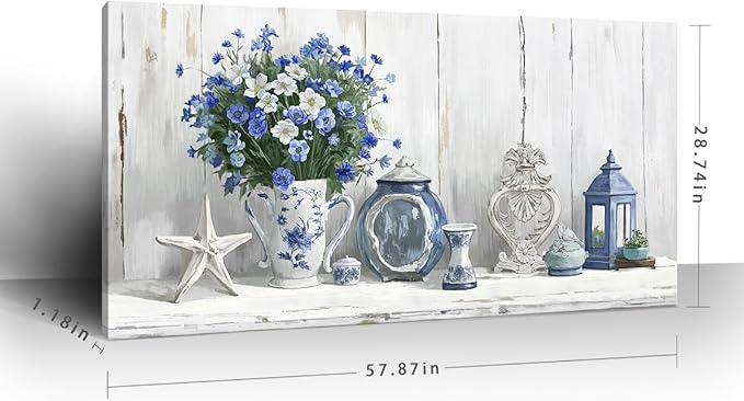 Nicetop Oversized Vintage Wall Art – Rustic Coastal Still Life Floral Canvas Print Country Farmhouse Cottagecore Shabby Chic Style Botanical Artwork Blue Picture for Large Living Room Kitchen 58x29Inch