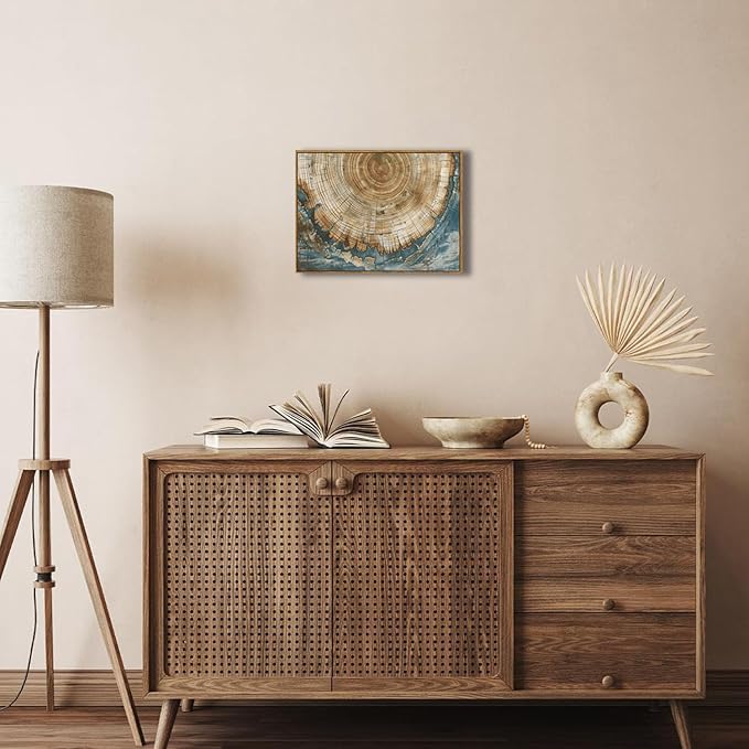 BingruiArt Framed Tree Ring Canvas Wall Art Abstract Wood Wall Decor Boho Modern Colorful Nature Painting Wood Stump Prints Pictures for Living Room Bedroom Bathroom Office 12"x16" Natural Framed(08)