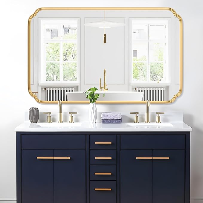 30"x48" Gold Bathroom Mirror for Wall, Large Brass Gold Bathroom Vanity Mirror for Over Sink, Rounded Rectangle Mirror in Premium Iron Metal Frame Hangs Horizontal Or Vertical