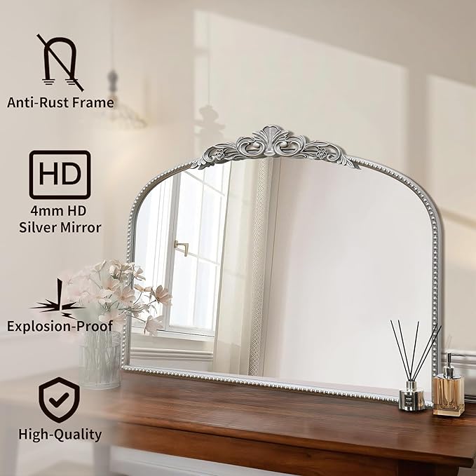 Micasso Vintage Wall Silver Mirror: 24" x 32" French Baroque Antique Mirror - Traditional Ornate Decorative Arched Mirrors for Wall/Bathroom/Entryway/Fireplace/Hallway - Home Decor for Living Room