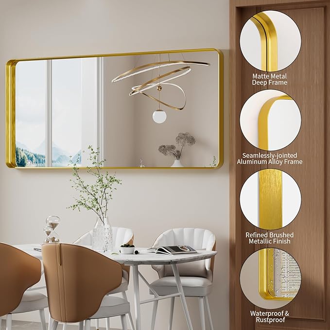 Koonmi Gold Bathroom Mirror for Wall, 30x71 Inch Matte Metal Deep Framed Rounded Corner Wall Mirror, Shatterproof Tempered Glass for Farmhouse Bedroom Entryway, Vertically or Horizontally