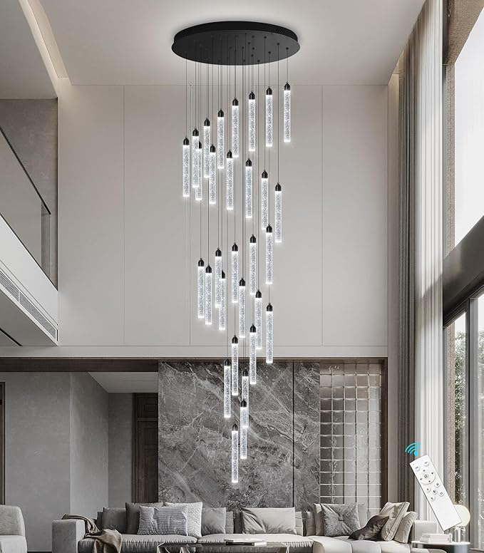 197" Long High Ceiling Chandelier 30-Lights Modern Bubble Crystal LED Light Fixture Dimmable Flush Mount Living Room Ceiling Pendant Light Staircase Foyer Entryway Dining Room Pendant Lighting