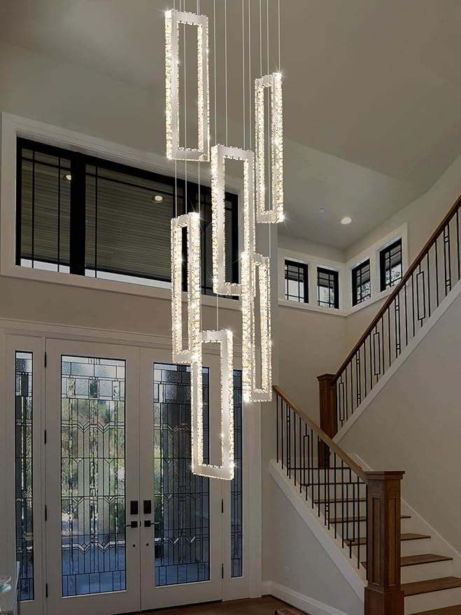 Modern Chandelier 6 Rings Silver Chandelier Lighting Fixture High Ceiling Chandelier Suitable for Living Room Staircase Villa