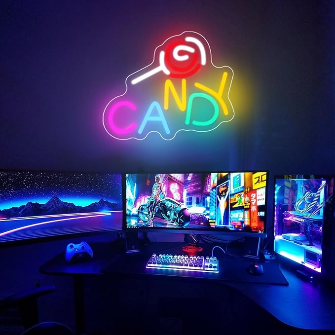 Candy Neon Sign Candy Bar Signs Candy Shop Neon Candy Sign Cherry Neon Sign Candy Display Snack Sign for Snack Sweet Shop Bedroom Birthday Party Decoration, 9.8"" x 8.1""