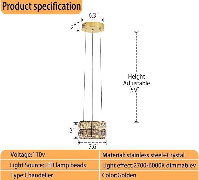 Led 7.8" Gold Ring Crystal Chandelier, Modern Dimmable Chandeliers Lighting and Hanging Adjustable, LED Round Ceiling Light Fixtures for Dining Room Living Room
