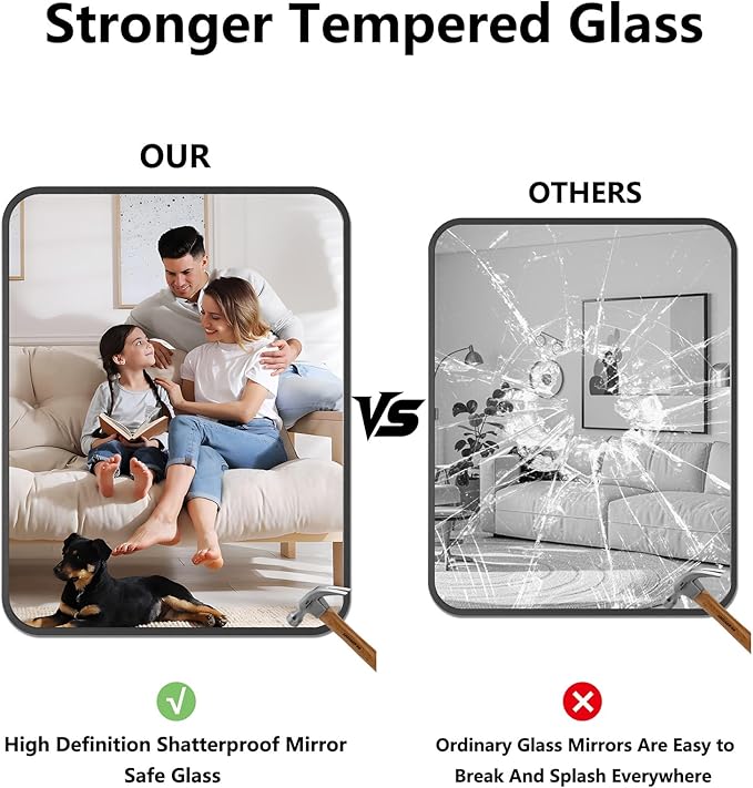 Bathroom Mirror, 28X36 Inch Black Metal Framed Mirror for Bathroom, Tempered Glass, Anti-Rust, Rounded Rectangle Mirror for Restroom, Bedroom, Black