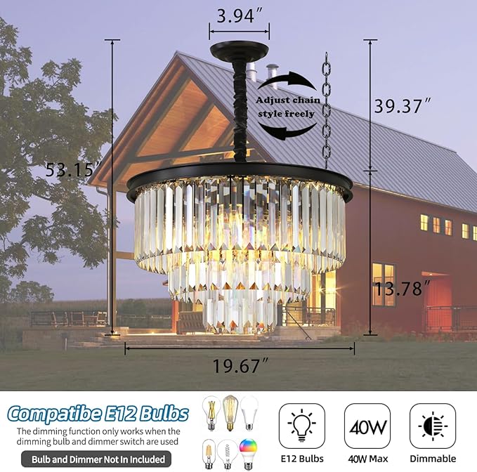 Modern Black Crystal Chandelier,3-Tier Round Pendant Ceiling Fixture with Height Adjustable Luxury Hanging Chandelier for Dining Room,Living Room,Entryway,Bedroom,Kitchen,and Foyer (Black Crystal-3)