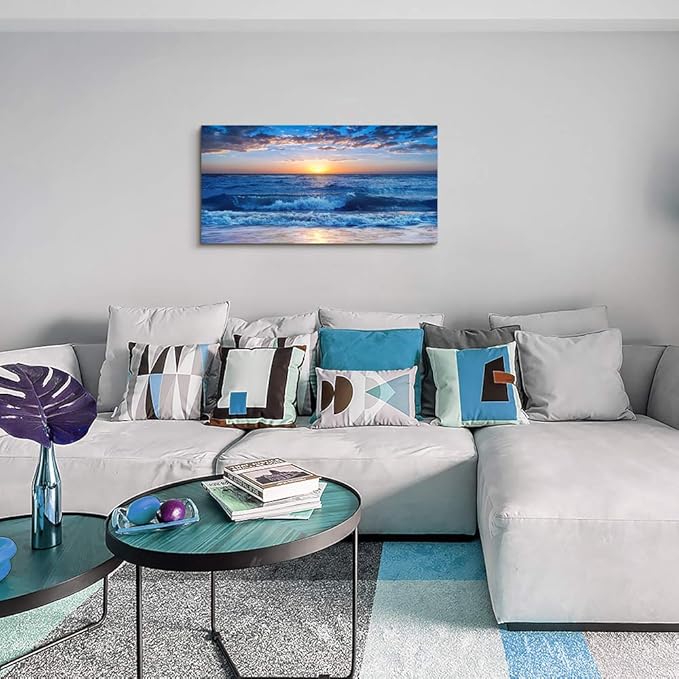 Canvas wall art for living room Blue Ocean Sea sun landscape painting bathroom Wall Decor Ready to Hang for Home Decorations office family bedroom kitchen Works canvas Prints pictures 30" x 60"inch