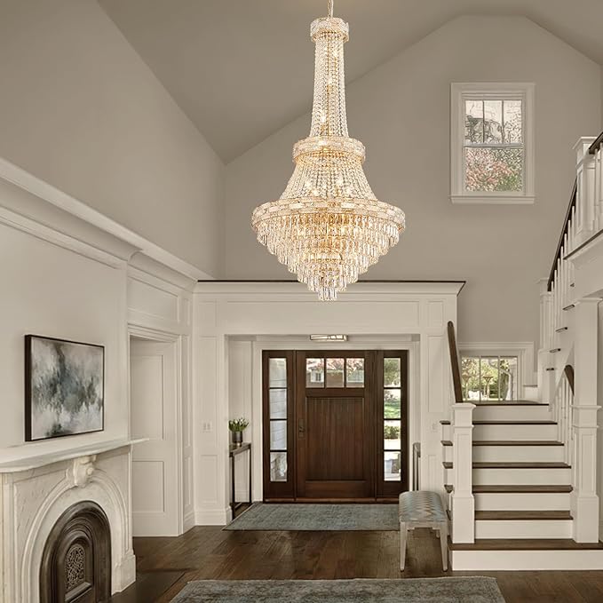 25-Light Gold Crystal Chandelier, 3-Layer High Ceiling Hanging Chandeliers Modern Large Chandeliers Light Fixture for High Ceilings,Entryway,Foyer,Staircase,Hallway,Living Room(H60 x D31)