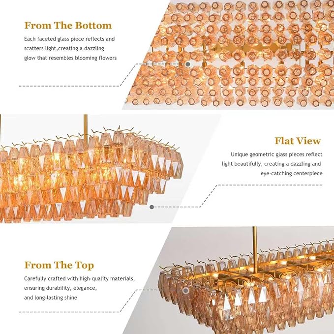 Modern Gold Rectangular Chandeliers for Dining Room, 14-Light 4 Tiered Crystal Brass Chandelier Over Dining Table, Amber Glass Chandeliers for Kitchen Island, Long Chandelier for Living Room