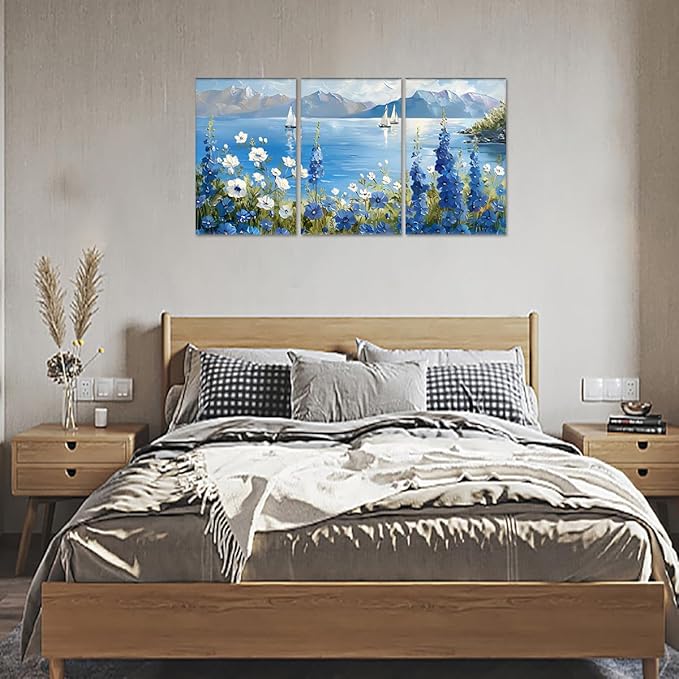 MAMAGO Large 3 Pieces Blue Wildflower Wall Decor Vintage Nautical Plant Canvas Print Oil Painting Coastal Natural Scenery Picture Modern Bathroom Farmhouse Artwork Framed Easy to Hang-24”x36”x3pcs