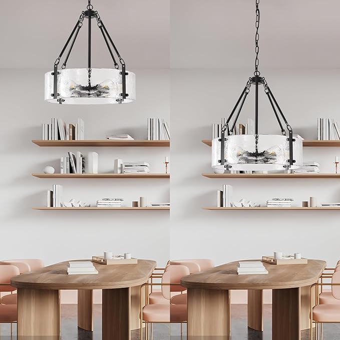 Black Dining Room Chandelier 20” Modern Textured Glass Chandelier 6-Light Drum Crystal Light Fixture Vintage Farmhouse Round Hanging Lighting for Kitchen Island Over Table
