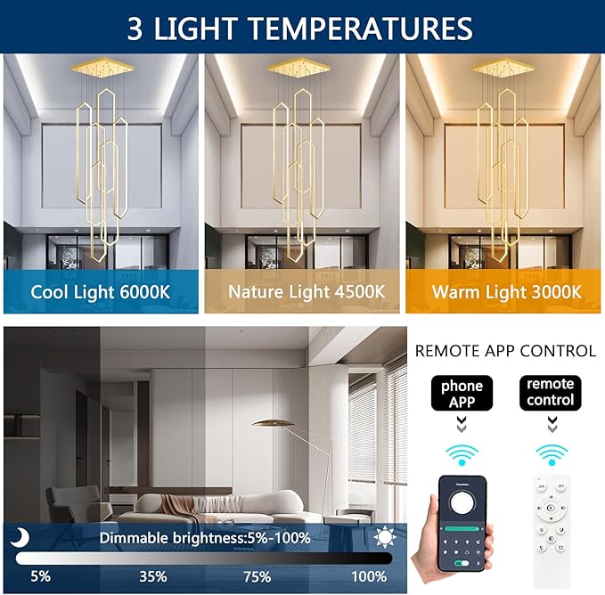 6-Rings Chandelier Modern, Gold Large Contemporary LED Light for Living Room Entrance, Dimmable Flush Mount High Ceiling Chandeliers with Remote Control for Villa Foyer