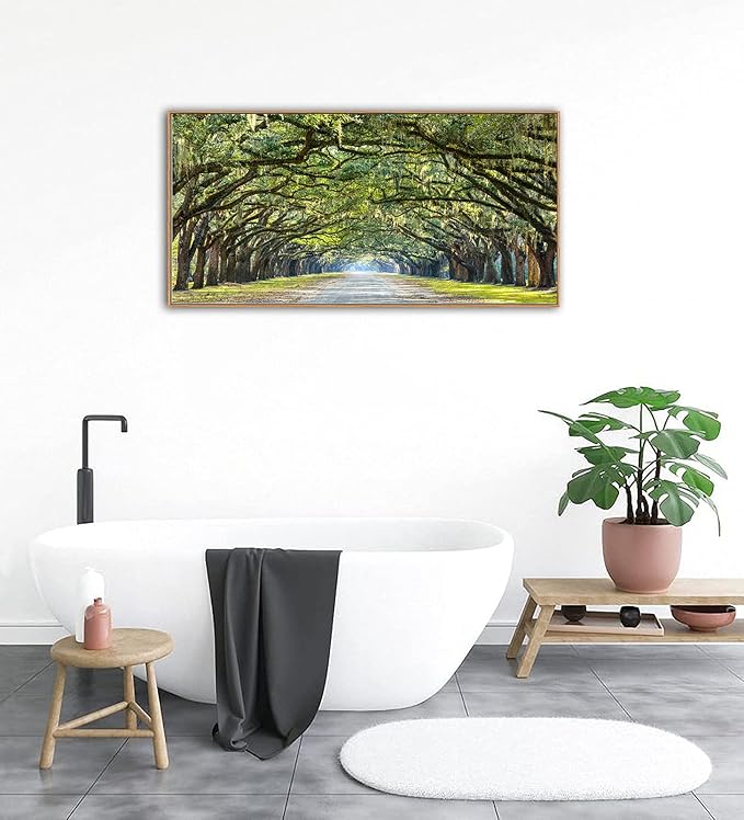 arteWOODS Green Forest Framed Canvas Wall Art Oak Trees Covered Lane Pictures Art Print Green Nature Landscape Artwork Oak Trees Lined Road at Georgia, Natural Wood Frame, Ready to Hang, 20" x 40"