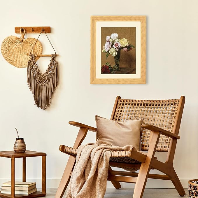 Brivoria Framed Canvas Wall Art Vintage Decor, Colorful Roses in Fluted Vase Autumn Botanical Still Life Print with Warm Brown Background for Entryway Hallway Reading Nook or Rustic Fall Display,13x16