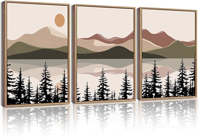 KUVIOKE Watercolor Mountain Landscape Framed Wall Art Laker Tree Boho Nature Artwork Painting Bohemain Farmhouse Rustic Home Decor 12x16in (Natural Framed)