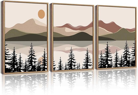 KUVIOKE Watercolor Mountain Landscape Framed Wall Art Laker Tree Boho Nature Artwork Painting Bohemain Farmhouse Rustic Home Decor 12x16in (Natural Framed)