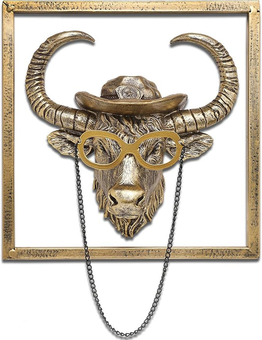 JJALIGHTS Exquisite Resin Animal Head Wall Sculpture (Gift Metal Frame) - Imitation Copper Vintage Decor for Living Room, Bedroom & Office | Decorative Wall Hanging Art (Bison)