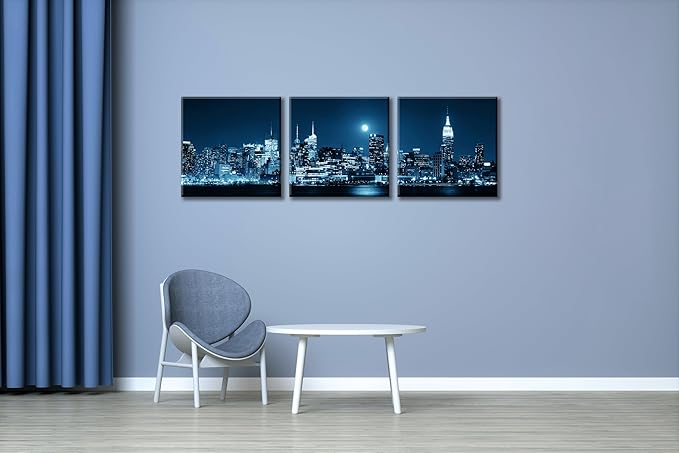 NAN Wind 3-Piece Modern Manhattan Night Skyline Canvas Art Blue Moon Urban Cityscape Wall Decor Contemporary NYC-Inspired Night View Panoramic Prints Framed City Canvas Set for Home Office Living Room