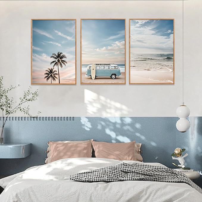 Ausril Large Surfboard Ocean Beach Framed Canvas Wall Art Set, Coastal Beach Wall Decor, Bus and Palm Tree Wall Painting, Blue Van Seaside Art Prints for Living Room, Bedroom, Dining Room - 16"x24"x3