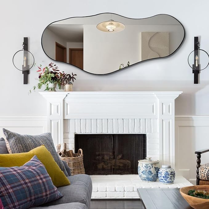Black Irregular Mirror, 47"x20.5" Asymmetrical Mirrors, Abstract Wall Mirror Decorative, Modern Wavy Shaped Mirrors for Living Room Bathroom Bedroom Hallway Entryway Fireplace