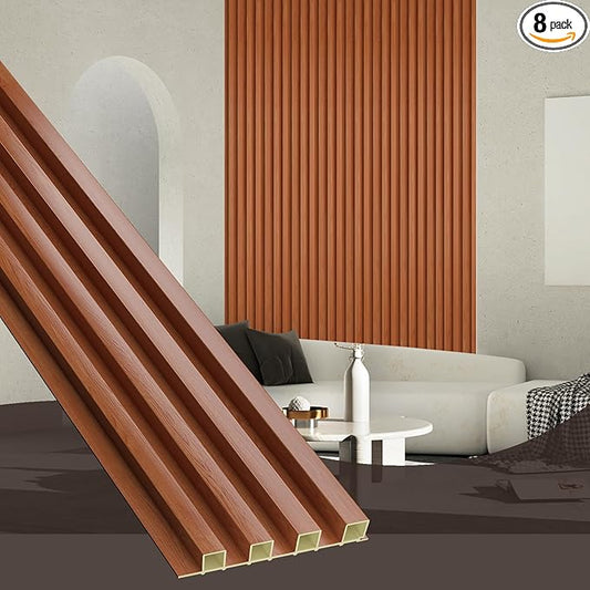 OUZUGIE WPC Acoustic Slat Wall Paneling, 8-Pack 114 x 6 Inches 3D Wall Panels for Interior Wall Decor,Living Room,TV Background,Study Room,Office Spaces,Bedroom,High Grille (Teak)