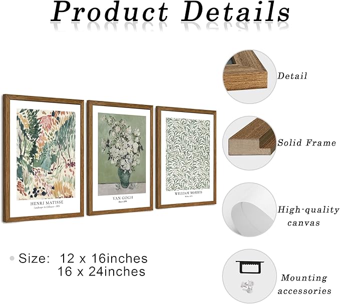 JLTULT 3 Piece Vintage Sage Green Canvas Wall Art, Monet Van Gogh Matisse Wall Decor, Botanical Painting Artwork Prints for Living Room Bedroom Home Office 16X24 inch Wood Framed Easy to Hang
