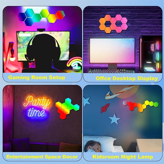 10-Pack Hexagon LED Lights for Wall, Smart RGBIC Music Sync Gaming Room Decor Lighting, 16M Colors Changing App & Remote Controlled, RGB Led Light Panels for Gamers (Type-C Powered)
