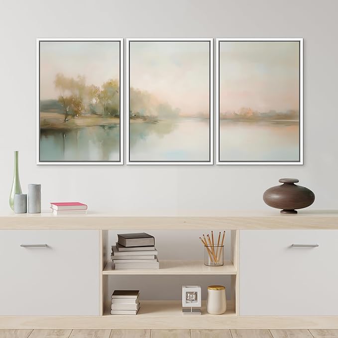 MUDECOR Framed Wall Art Print Set Soft Pastel Landscape Serene Waters and Reflections Illustrations Modern Art Boho Decorative Colorful Chic for Living Room, Bedroom, Office - 16"x24"x3 White