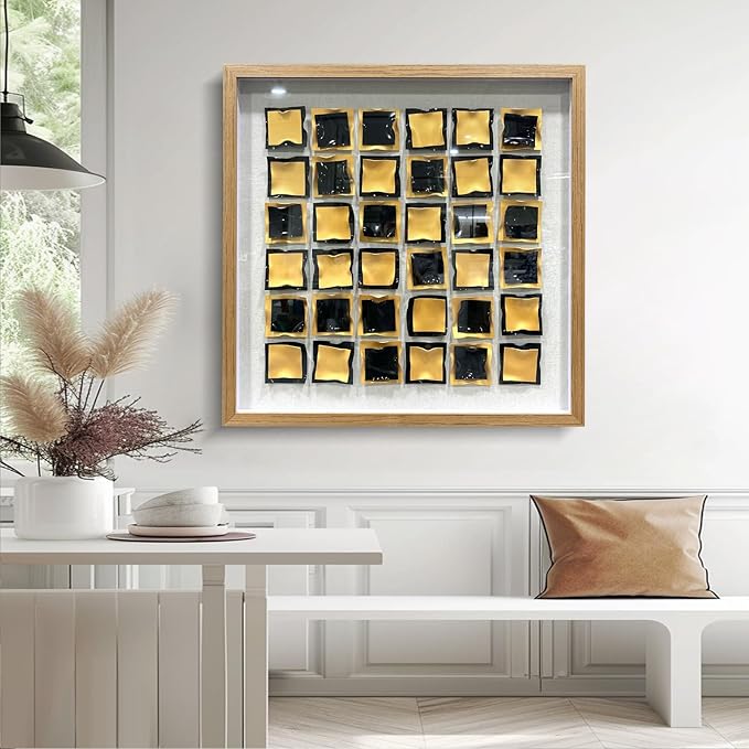 BrightA Black and Gold 3D Wall Art with Textured Grid Design Handcrafted Acrylic Panels in Solid Wood Frame, Modern Abstract Sculpture for Contemporary Living Room Office 31.5"x31.5"