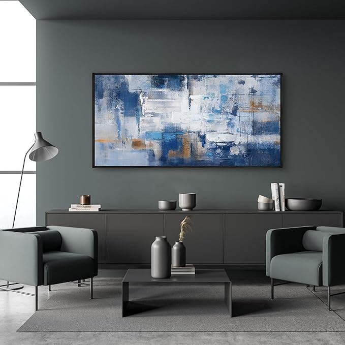 KLAKLA Navy Blue Abstract Canvas Wall Art - Black Frame Artwork Picture Living Room Wall Decor Modern Paintings Large Wall Art for Bedroom Home Decoration