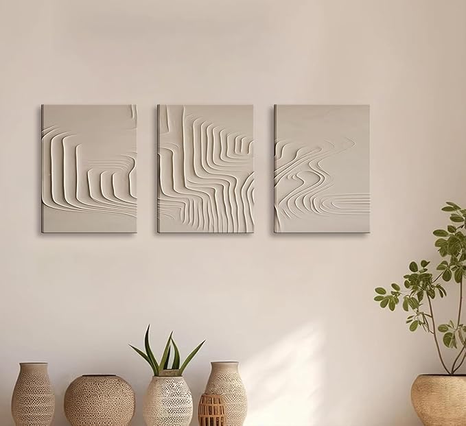 3Pcs Framed Beige Cream Abstract Textured Line Art Curved Canvas Wall Art Prints Posters Pictures Paintings Wall Decor for Minimalist Boho Living Room Bedroom Office Decoration