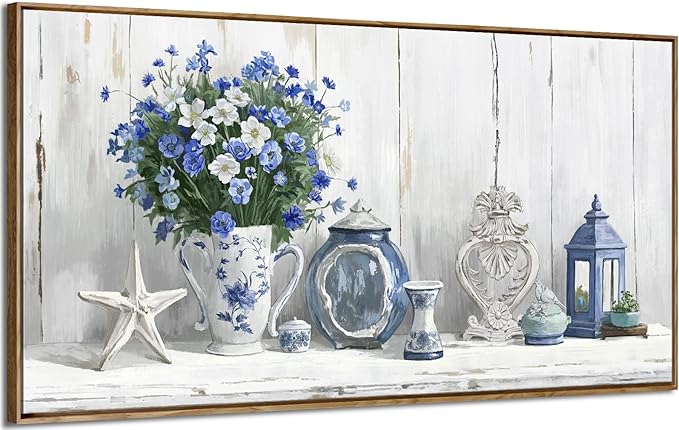 Nicetop Large Framed Artwork for Walls – Coastal Rustic Farmhouse Art Prints Blue and White Floral Canvas Art Vintage Country Shabby Chic Wall Picture for Living Room Bedroom Kitchen Dining 48x24 Inch